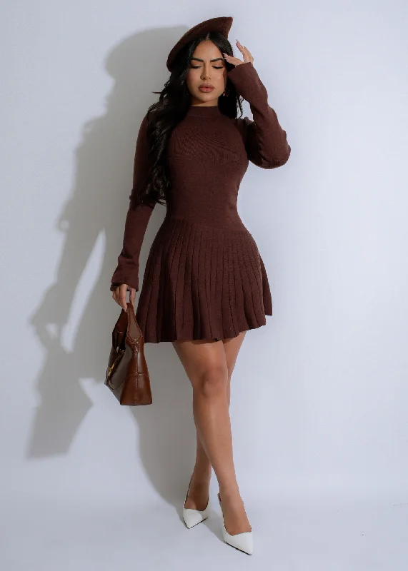 Inkstone Pleat Knit Mini Dress Brown