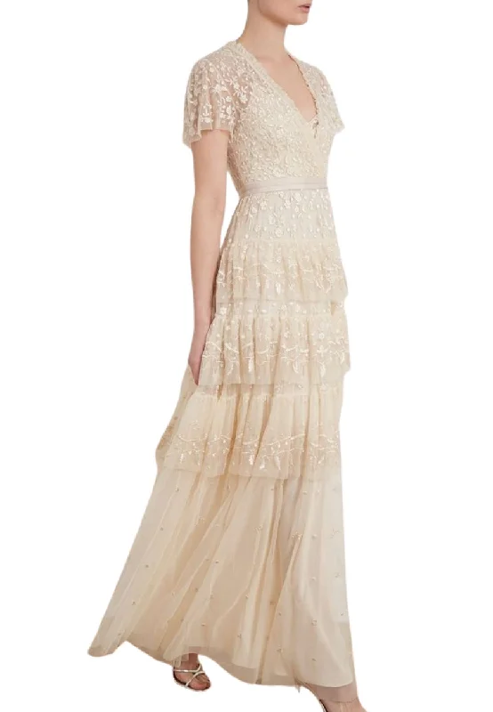 Beige Angelica Tiered Lace Maxi Dress