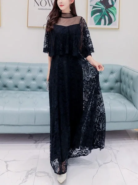 (Bust 86-122CM) Marlyn High-neck Lace Plus Size Gown Occasion Evening Wedding Gown Short Sleeve Maxi Dress