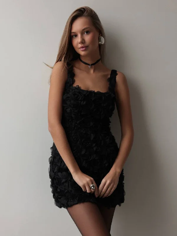 Elegant Rose Textured Black Mini Dress