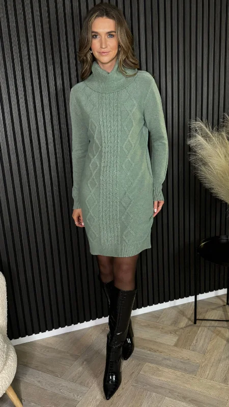 Croia Light Green Cable Knit Polo Neck Jumper Mini Dress