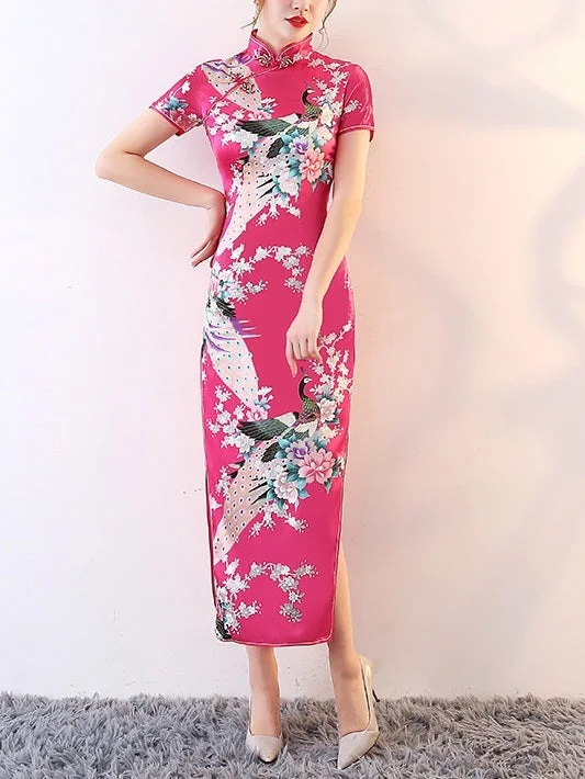 Medusa (Bust 82-116CM) Elegant Plus Size Gown Cheongsam Qipao Mother of The Bride Oriental Occasion Evening Wedding Party Short Sleeve Maxi Dress (Light blue, Dark blue, Red, Deep pink, White, Light pink)