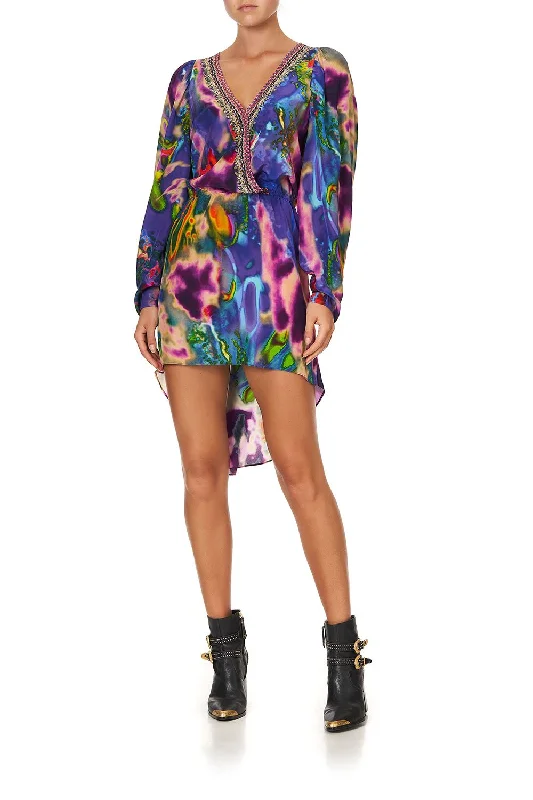 CROSS FRONT HIGH LOW MINI DRESS ACID ABBEY