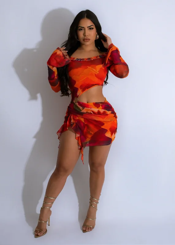 Fiery Bloom Mesh Mini Dress Orange*