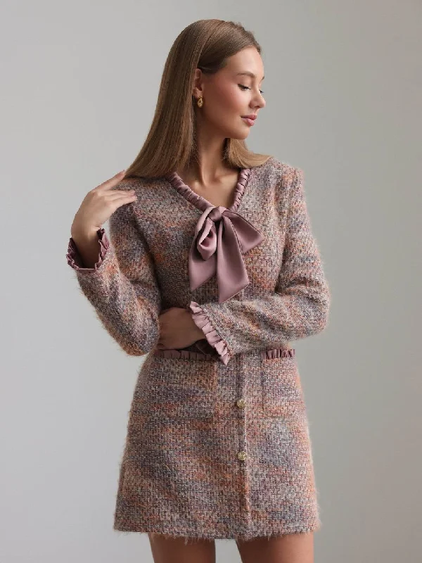 Romantic Bow-Detail Tweed Mini Dress