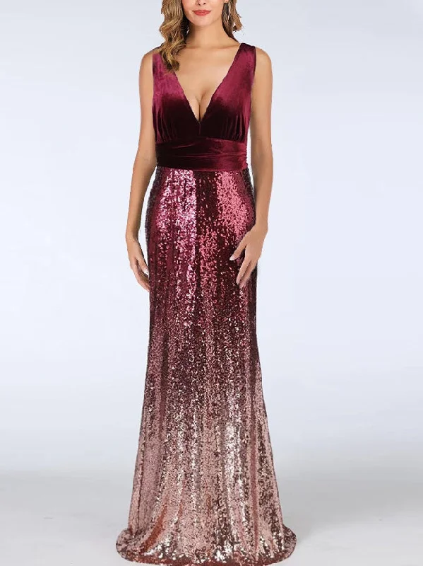 Sonata Plus Size Prom Red Carpet Evening Dress Gown Deep V Neck Elegant and Sexy Velvet Sequins Gradient Formal Sleeveless Maxi Dress (Pink, Red)