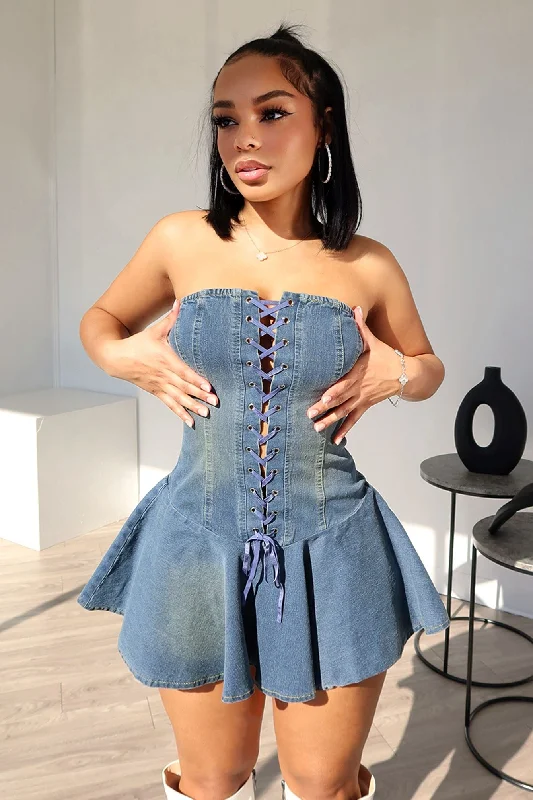 Sweet Denim Corset Flare Mini Dress