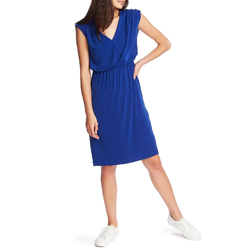 1.State Women's Cut Out Slitted Cinched Cap Sleeve V Neck Knee Length A Line Dress Blue Size Medium