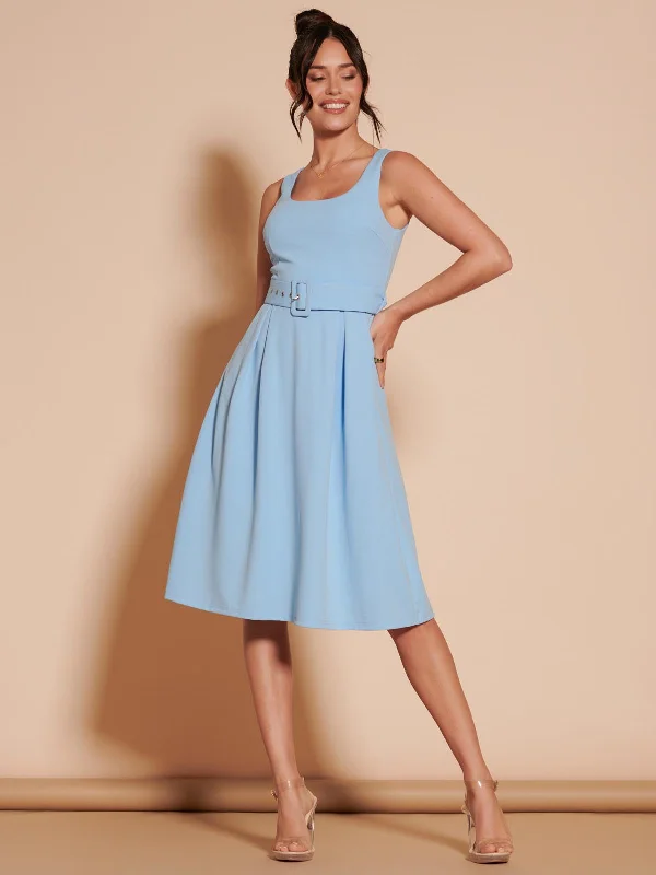 1950's Inspired Belted Swing Dress, Blue