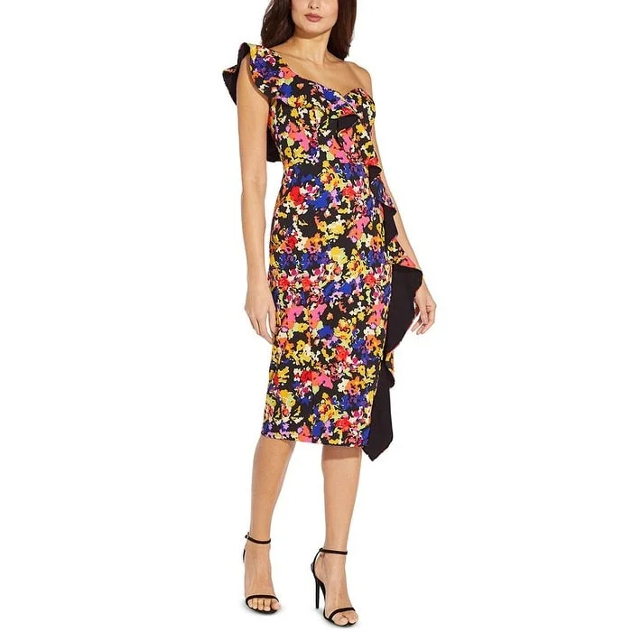 Aidan By Aidan Mattox Women's Floral Print Ruffled One Shoulder Dress Black