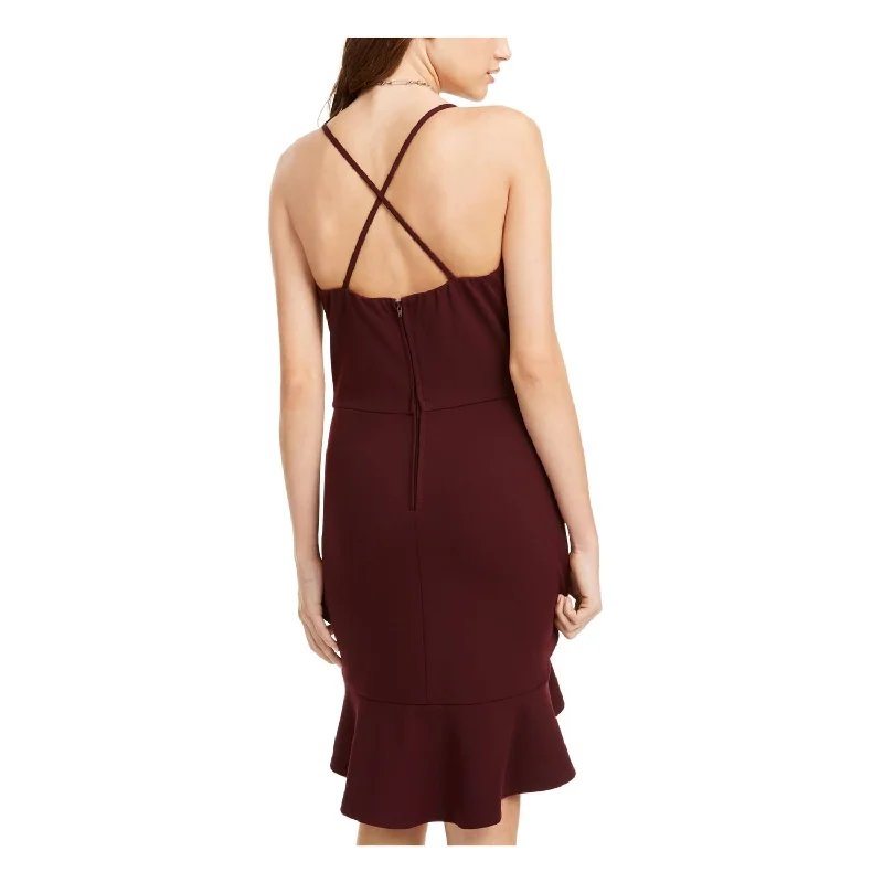 Bcx Women's Flounce Spaghetti Strap V Neck Above The Knee Dress Wine Size 3