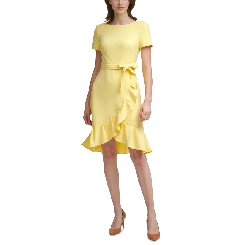 Calvin Klein Women's Ruffle Hem Scuba Crepe Dress Yellow Size 12Petite - 12P