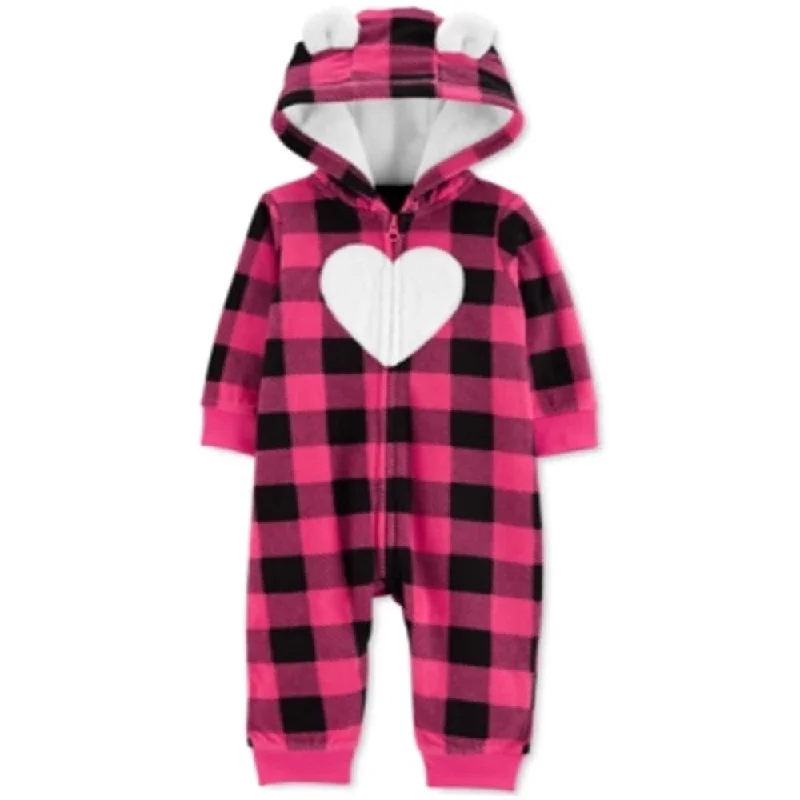 Carter's Girls' Jumpsuits Plaid Buffalo Check Heart Hooded Fleece Playsuit Pink Size 18 Months - 18 Months