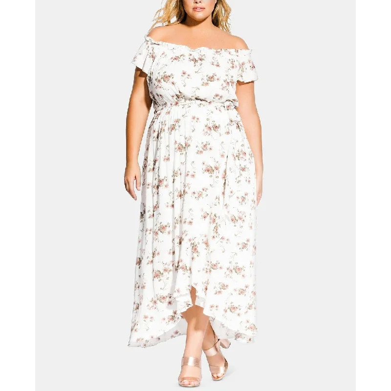 City Chic Women's Trendy Plus Size Floral-Print Off-The-Shoulder Dress White Size 22W