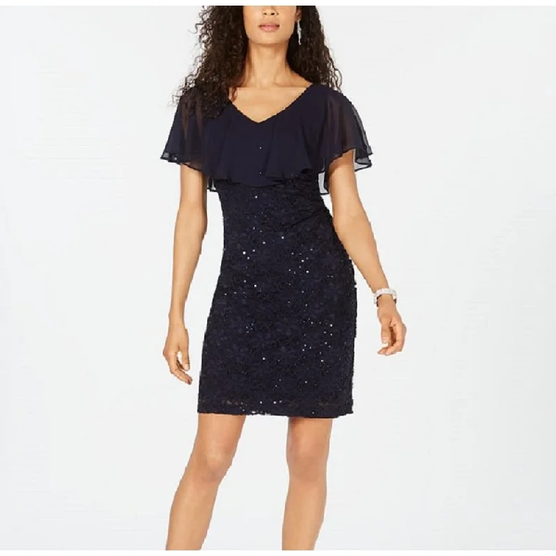 Connected Women's Sequined Lace Capelet Dress Blue Size 8