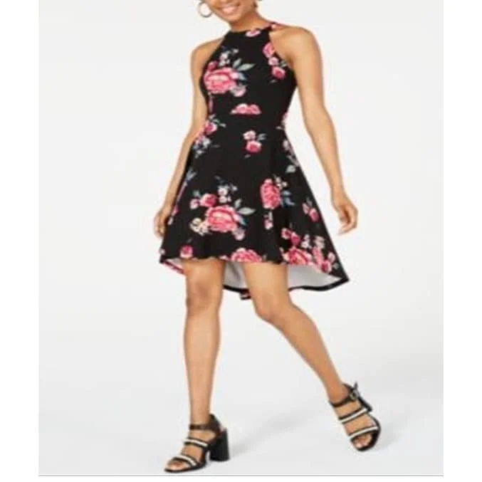 Crave Fame Women's Floral Sleeveless Halter Below The Knee Hi Lo Dress Black Size X-Large