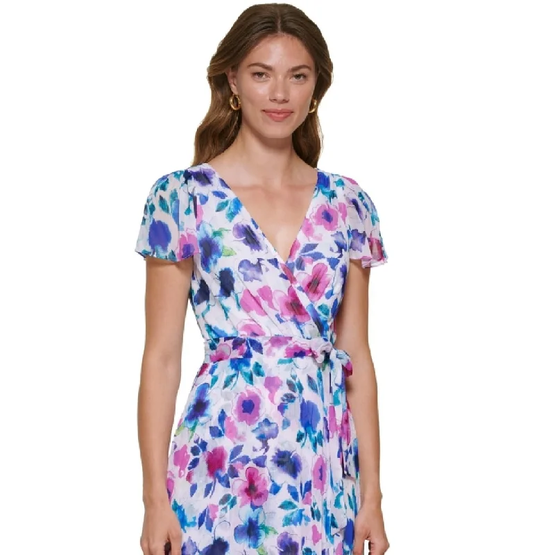 Dkny Women's Floral Print Faux Wrap Dress Blue Size 12