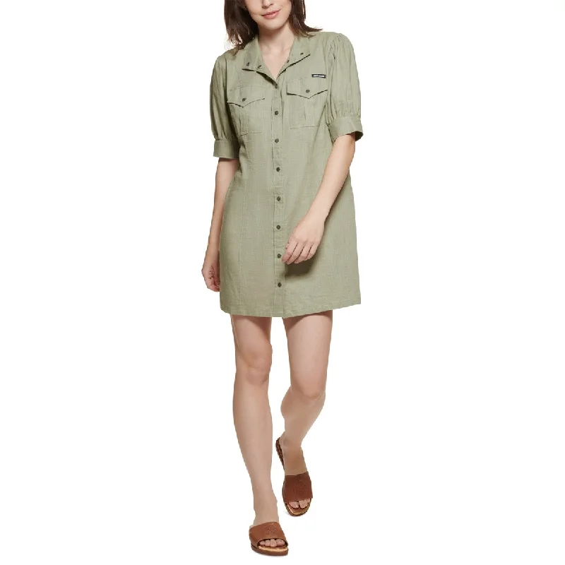 DKNY Women's Puff Sleeve Snap FronT-Shirt Dress Green Size Medium