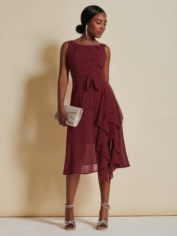 Embellished Frill Hem Chiffon Dress, Burgundy