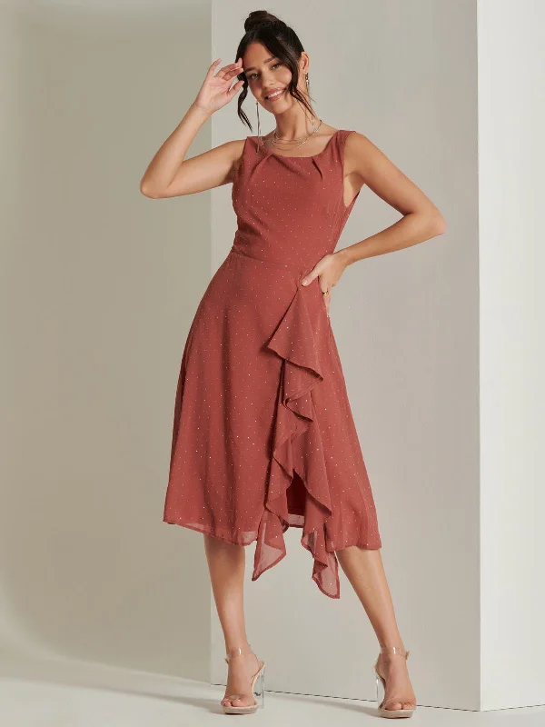 Embellished Frill Hem Chiffon Dress, Rust