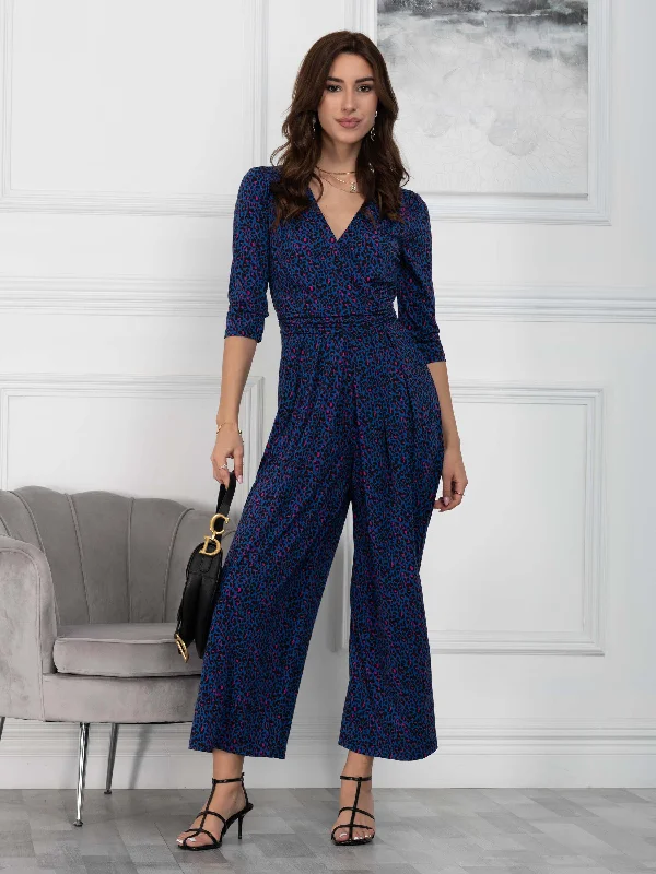 Jolie Moi Giselle Wrap Front Jumpsuit, Blue Animal