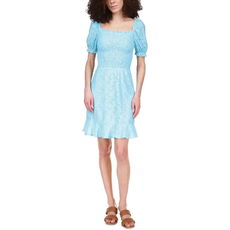 Michael Kors Women's Eyelet Smocked Peasant Dress Blue