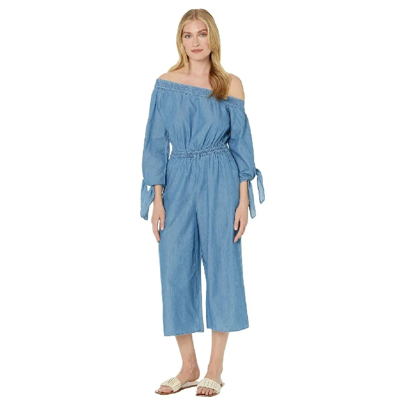 Michael Kors Women's Off The Shoulder Cropped Jumpsuit Blue Size Small