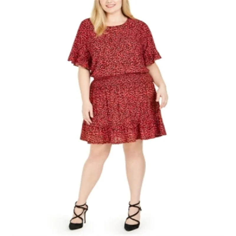 Michael Kors Women's Plus Size Printed Ruffle Trim Dress Red Size 1X