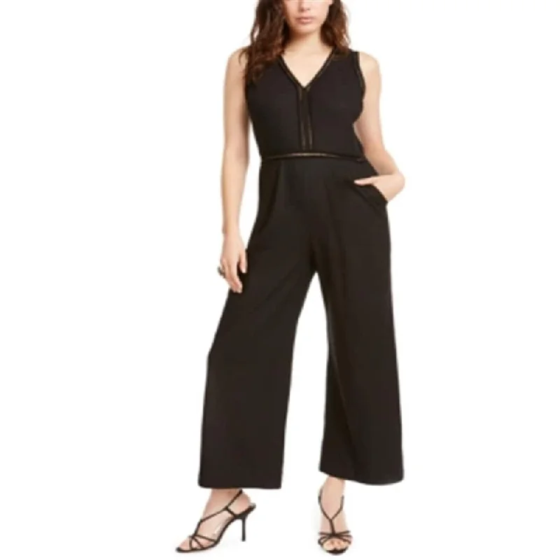 Monteau Women's Lattice Detail Linen Blend Jumpsuit Black Size Petite Medium - Petite M