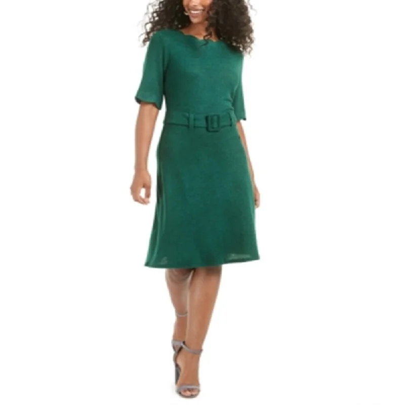 Monteau Women's Scalloped Belted Dress Green Size Petite X-Large