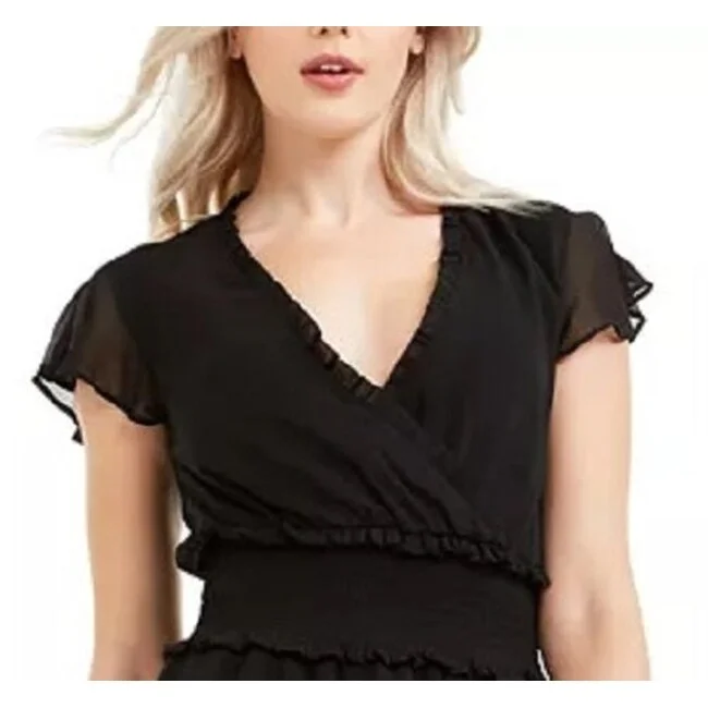 Q & A Women's Smocked Flutter-Sleeve Dress Black Size Medium