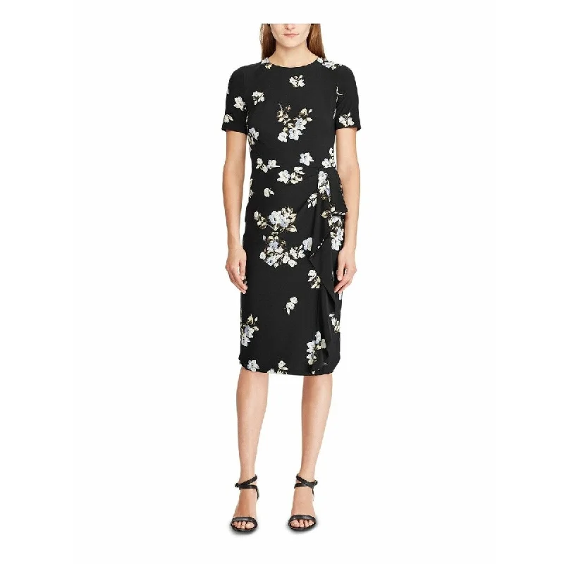 Ralph Lauren Women's Black Ruffled Floral Short Sleeve Jewel Neck Below The Knee Sheath Dress Black Size 4