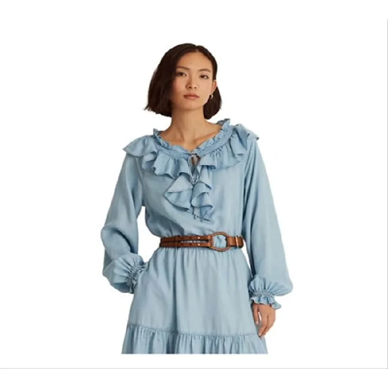 Ralph Lauren Women's Tie Ruffled Blouson Sleeve Split Below The Knee Blouson Dress Blue Size 4