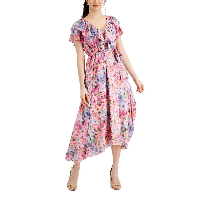 Taylor Women's Ruffled Floral Print Chiffon A Line Dress Pink Size 4