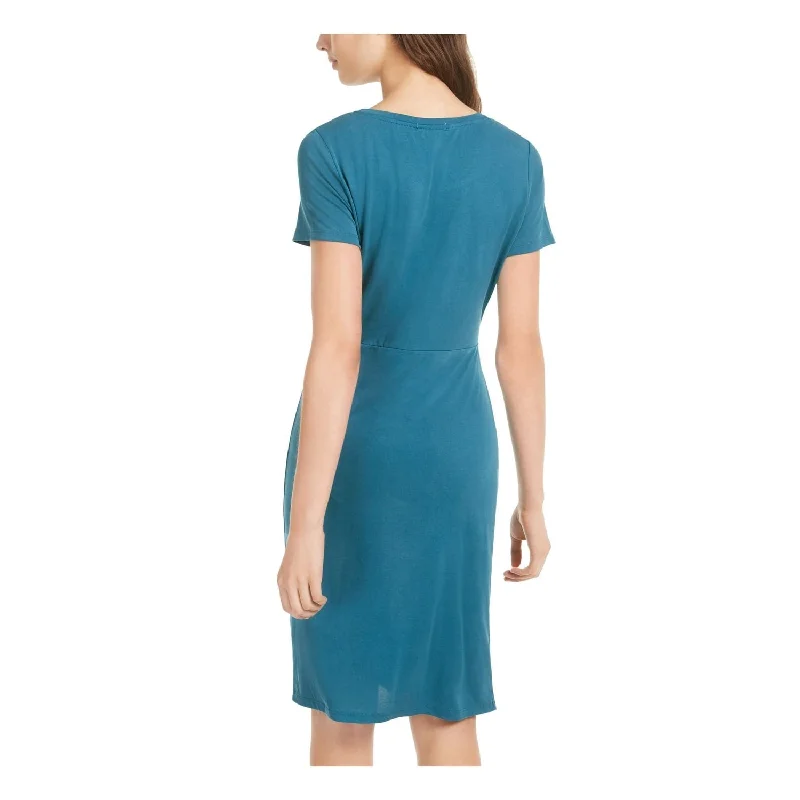 Ultra Flirt Women's Ruched Short Sleeve Jewel Neck Above The Knee Sheath Dress Blue Size Small