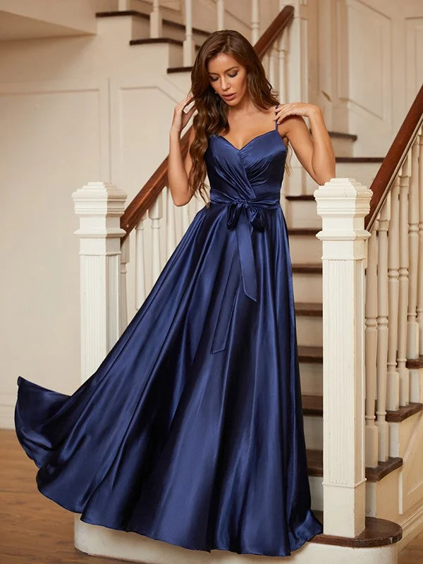 A-Line/Princess Silk like Satin Ruffles V-neck Sleeveless Floor-Length Dresses