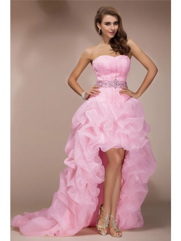 A-Line/Princess Sweetheart Sleeveless High Low Beading Organza Dresses