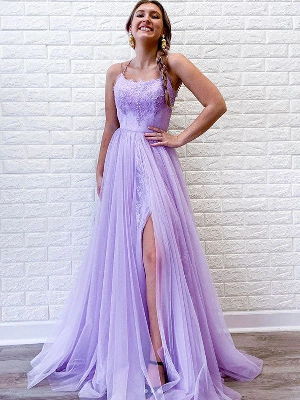 A-Line/Princess Tulle Lace Spaghetti Straps Sleeveless Sweep/Brush Train Dresses