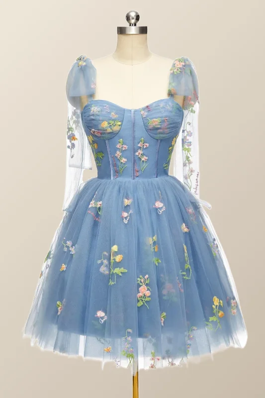 Blue Floral Corset A-line Homecoming Dress with Tie Shoulders