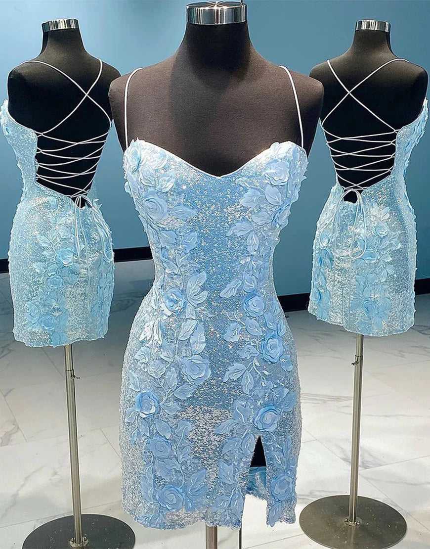 Glitter Blue Tight Homecoming Dress with Appliques