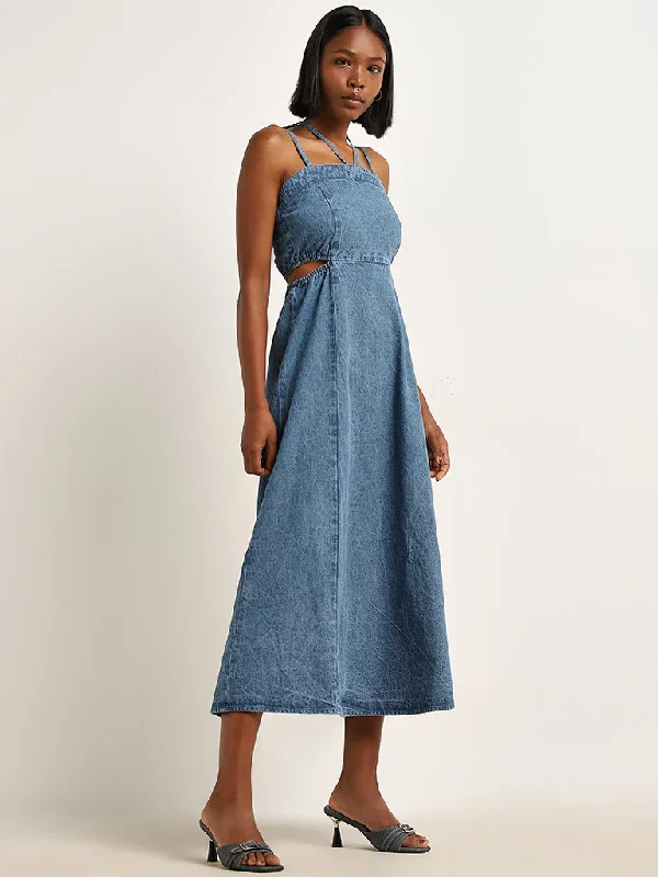 Nuon Blue Cut-Out Detailed Straight Denim Dress