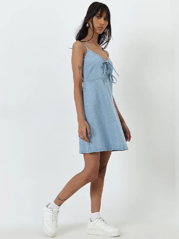 Nuon Light Blue Bow-Detailed Denim Straight Dress