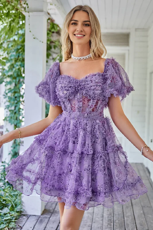 Off the Shoulder A Line Printed Tulle Cute Homecoming Dress