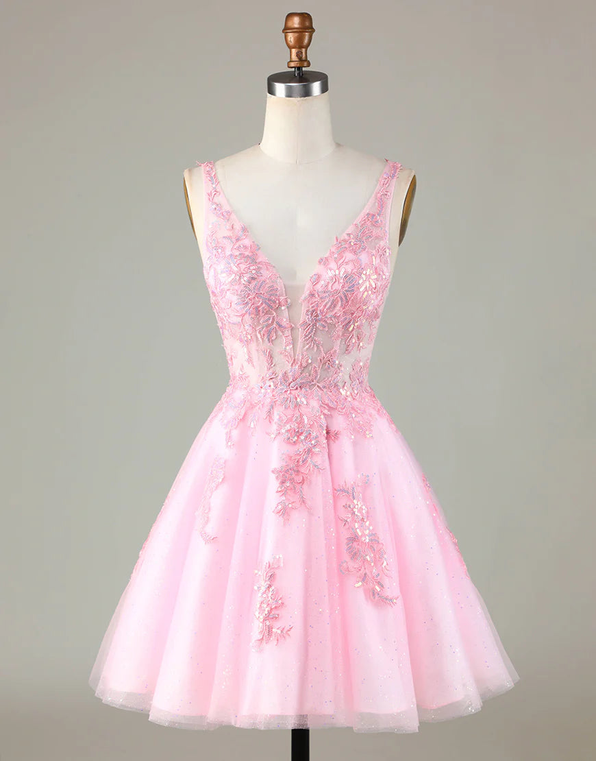 Pink Glitter Cut A-Line Homecoming Dress with Appliques