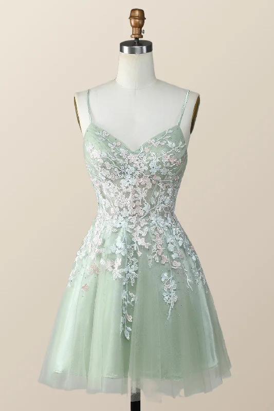 Sage Green Tulle Floral Embroidered A-line Homecoming Dress