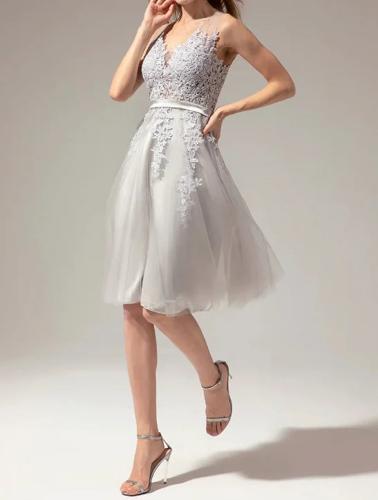 Silver V-Neck Lace Homecoming Dress Appliques