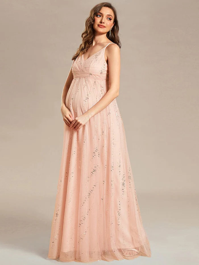 Spaghetti Strap Scattered Sequins V-neck Floor Length Maternity Dress