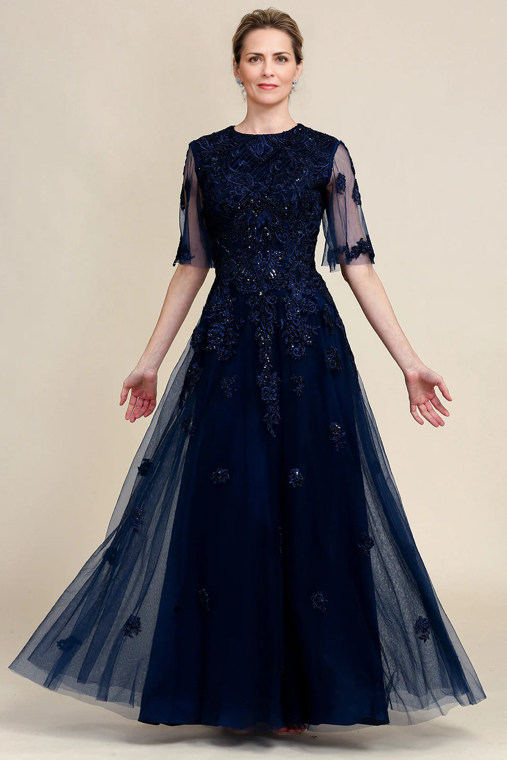 Sparkly Navy Beaded Mother of the Bride Dress with Lace