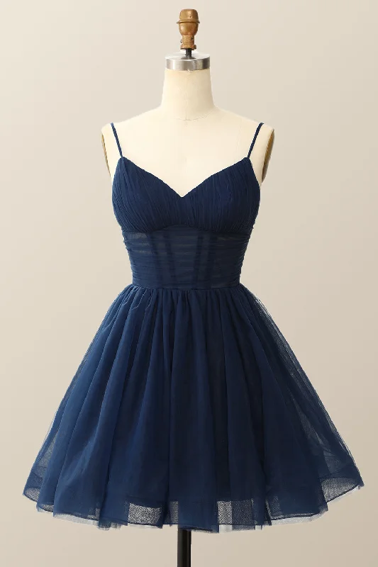 Straps Navy Blue Pleated A-line Homecoming Dress