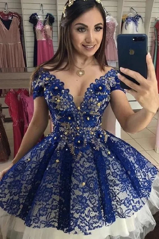 Cute Lace Royal Blue Homecoming Dress, Cap Sleeves Sweet 16 Dress With Beaded C646